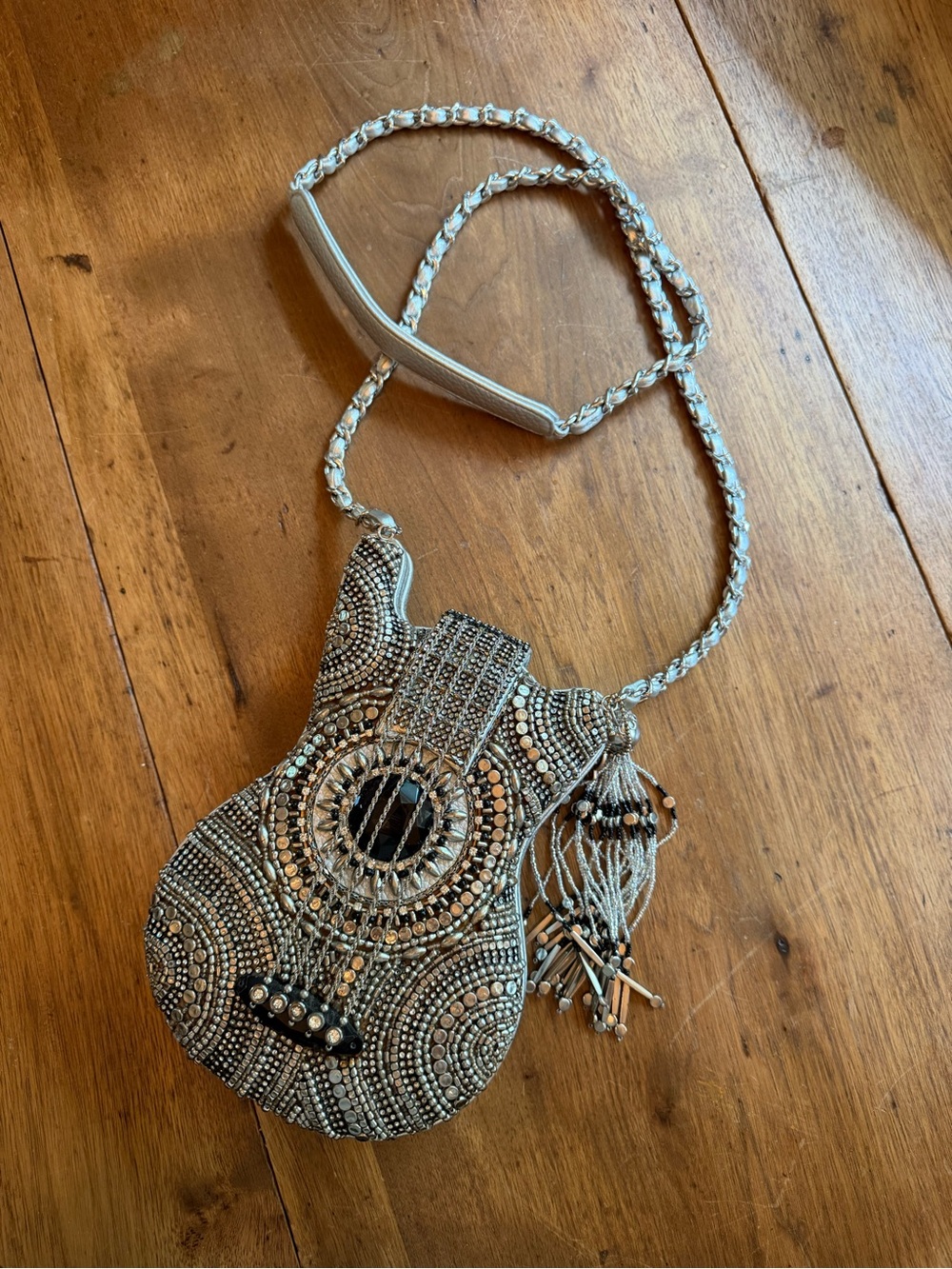 Mary Frances Silver and Black Guitar-Shaped Beaded Mini Bag